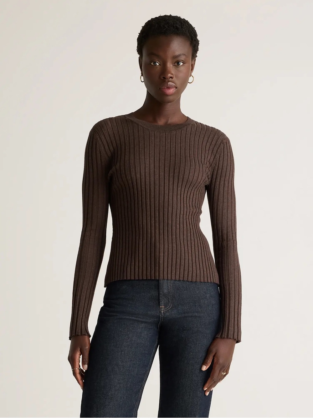 Quince Cotton Cashmere Ribbed Long Sleeve Sweater, Medium, Brown
